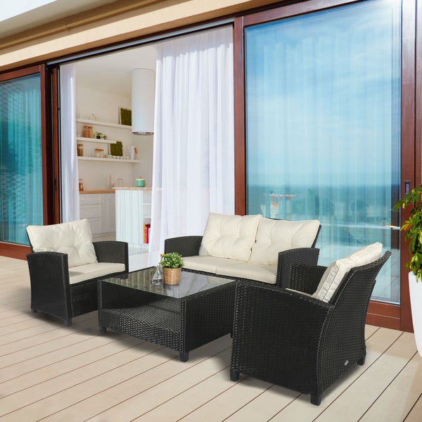 Outsunny Polyrattan Sitzgarnitur 4 tlg. Sitzgruppe Gartenset Sofagarnitur Gartenmöbel Set Lounge Metall Luxus Schwarz