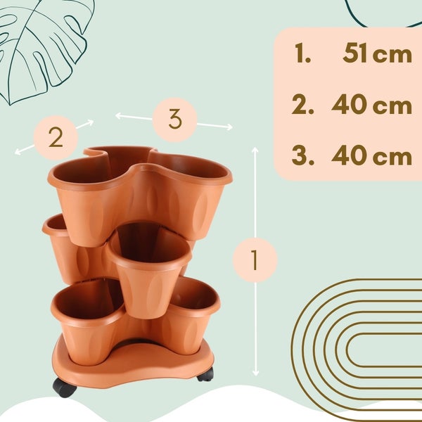Pflanzturm Erdbeerturm Pflanzkübel auf Rollen Vertikaler Garten Kräuterspirale Säulentopf SET 3 Ebenen Kräutergarten Roller Blumentopf stapelbar terracotta