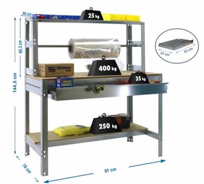 Verzinkte Werkbank und Packtisch, Holzplatten, 144,5 mal 91 mal 76 Zentimeter. Mit Rollenhalter und Schublade. Belastbarkeit 400 Kilogramm.