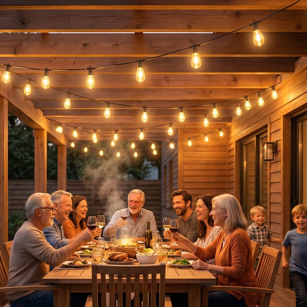 Familie und Freunde beim Abendessen auf einer Holzterrasse unter einer Pergola mit warmweißen Lichterketten.