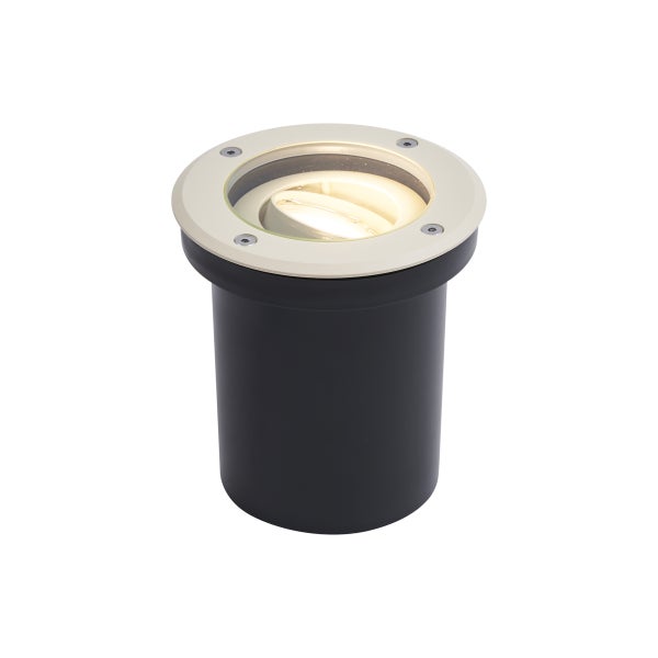 Bodeneinbaustrahler für den Außenbereich aus Metall und Kunststoff in Schwarz mit silberfarbenem Ring und Glasabdeckung.