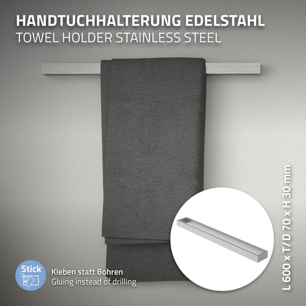ML-Design Handtuchhalter ohne Bohren 60 cm, Silber, aus Edelstahl, Wandmontage, Badetuchhalter Wand zum kleben für Badezimmer & Küche, Modern, Handtuchstange Wandhalter selbstklebend für Handtücher