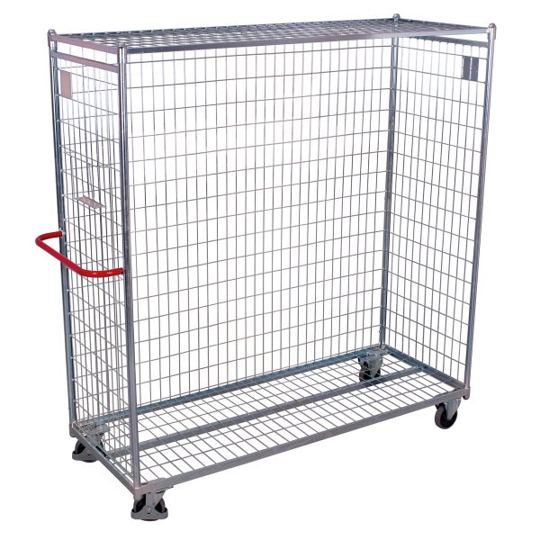 Rollcontainer aus Metallgitter mit rotem Griff