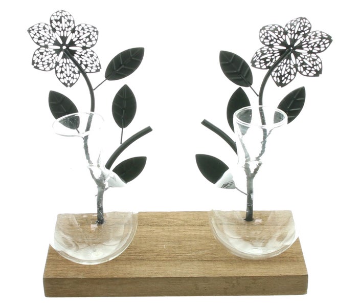 FRANK FLECHTWAREN | Board Väschen, METALL, HOLZ, GLAS, 22 x 8 x 16 cm, 2 Glasvasen Ø 6 x 10 cm