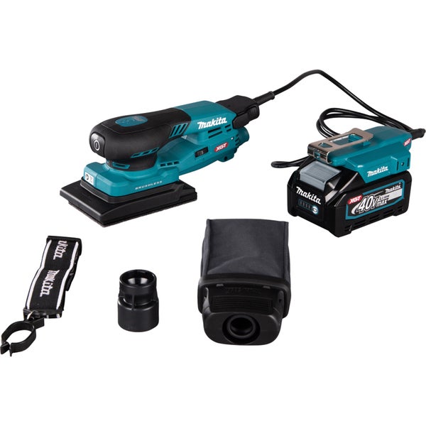 Akku-Schwingschleifer Makita mit Staubbeutel, Ein-Ausschalter und bürstenlosem Motor.