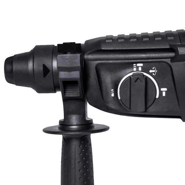 Bohrhammer mit Bohrfutter, verstellbarem Zusatzhandgriff und Funktionswahlschalter für Bohren, Hammerbohren und Meißeln.