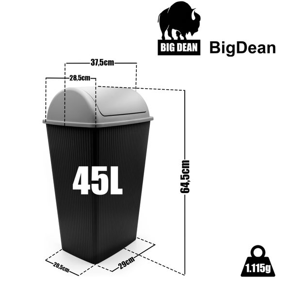 BigDean 2 Stück Mülleimer mit Schwingdeckel 45 L Anthrazit – Abfalleimer für die Küche & Büro – Müllbehälter aus robustem & geruchsdichtem Kunststoff – Made in Europe
