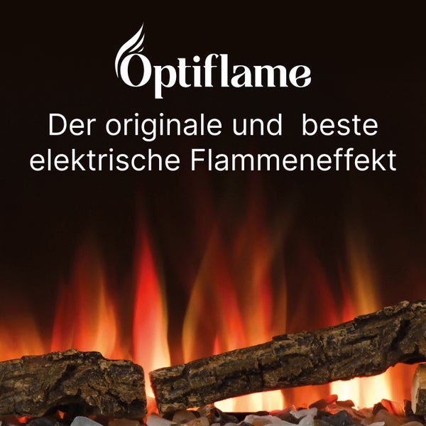 Optiflame Logo mit dem Text Der originale und beste elektrische Flammeneffekt über brennenden Holzscheiten.