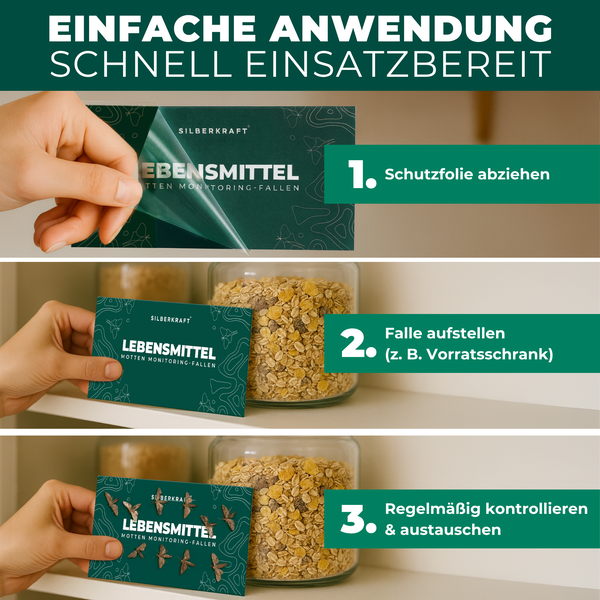 Anleitung zur Anwendung der Silberkraft Lebensmittelmotten Monitoring Fallen in drei Schritten: Schutzfolie abziehen, Falle platzieren, kontrollieren.