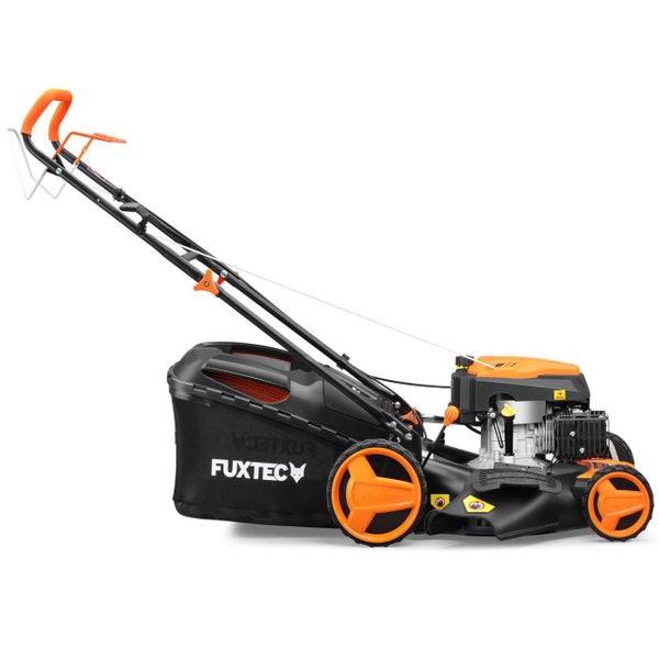 Rasentrimmer mit Fangsack und Fuxtec Logo