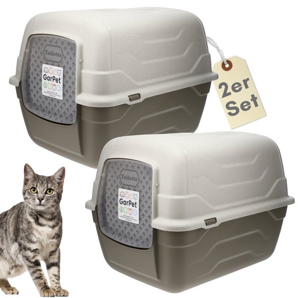 GarPet Katzentoilette Set bestehend aus zwei geschlossenen Haubentoiletten mit Schwingtür, abgebildet mit einer Katze.