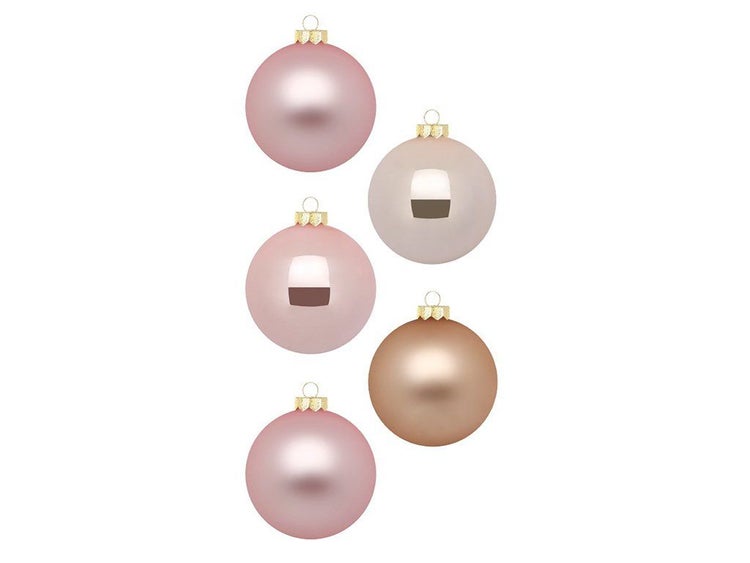 Set aus fünf runden Weihnachtsbaumkugeln mit Aufhänger zur Dekoration für den Weihnachtsbaum