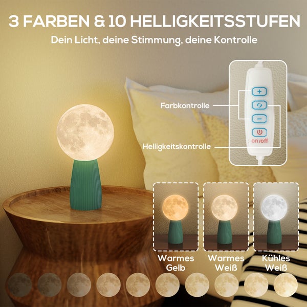 Mondlampe mit 3 Lichtfarben und 10 Helligkeitsstufen, inklusive Kabelsteuerung für Farbe und Helligkeit, auf einem Holztisch.