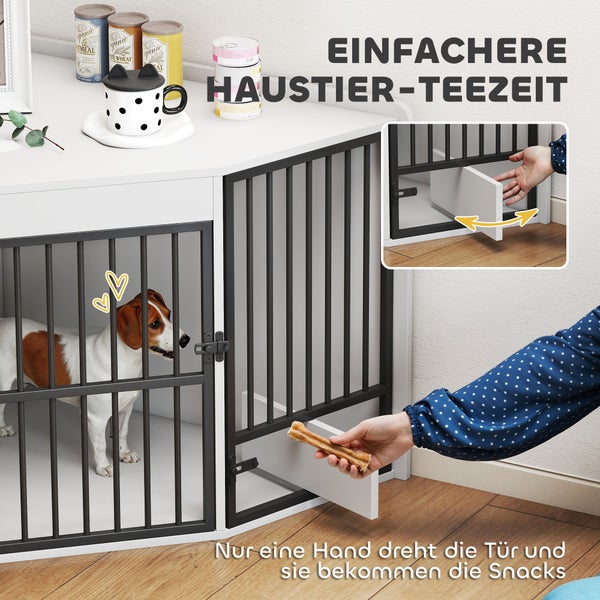 Weißer Hundekäfig im Möbelstil mit schwarzen Metallstäben und einer kleinen Schwenktür zum Füttern von Snacks an einen Hund im Inneren.