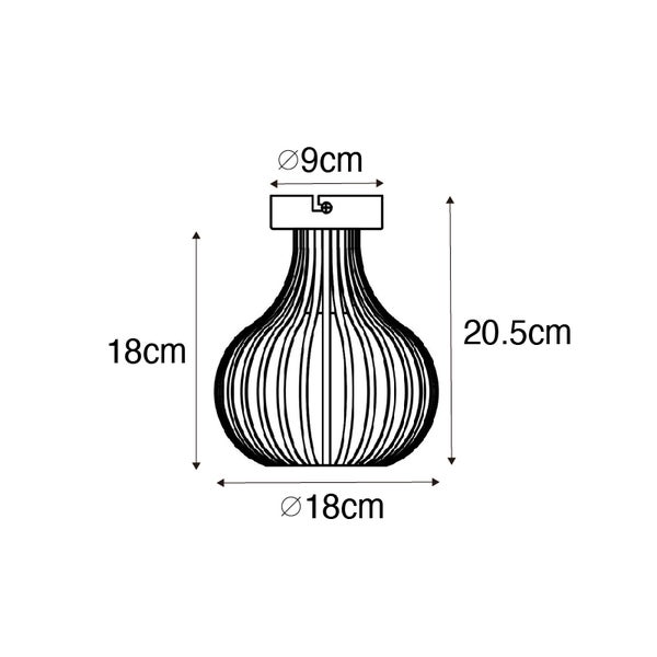 Technische Zeichnung einer Lampe mit den Maßen 18 cm Höhe, 20,5 cm Tiefe, 9 cm Durchmesser der Deckenhalterung und 18 cm Durchmesser der Lampe