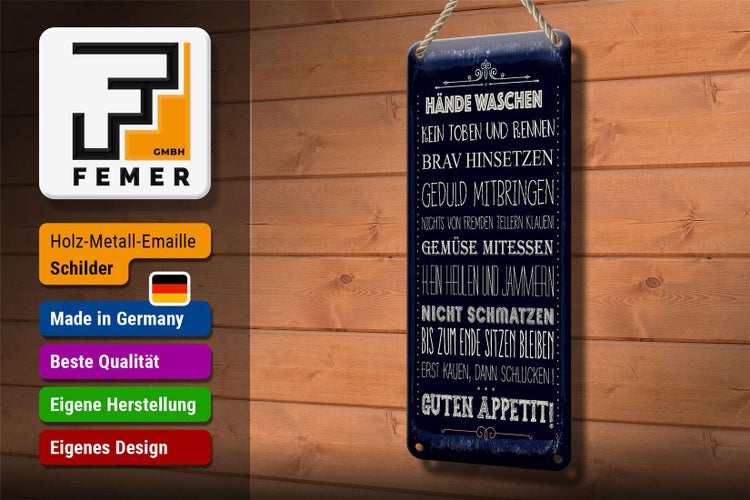 Blechschild Spruch Hände waschen kein toben 10x27cm Dekoration