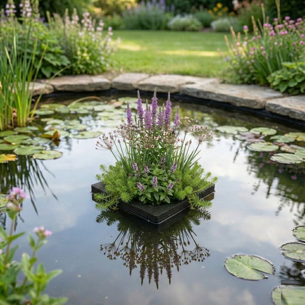 Quadratische schwimmende Pflanzinsel im Gartenteich, bepflanzt mit violetten und rosa Blumen sowie verschiedenen grünen Wasserpflanzen.