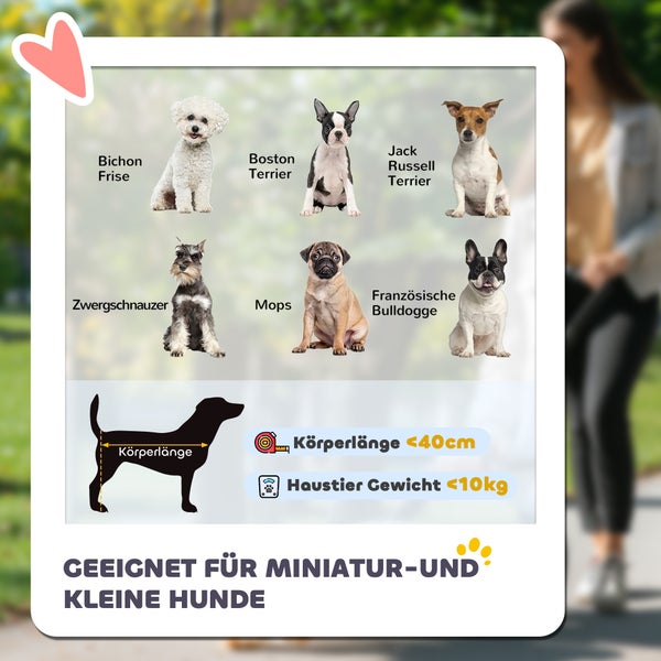 Geeignet für Miniatur- und kleine Hunde: Bild mit verschiedenen Hunderassen und Informationen zur Körperlänge und Gewicht.