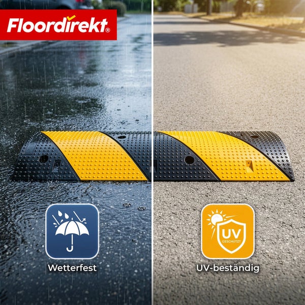 Floordirekt Logo. Fahrbahnschwelle aus Kunststoff schwarz-gelb auf Asphalt bei Regen und Sonne. Symbole für wetterfest und ultraviolettbeständig.
