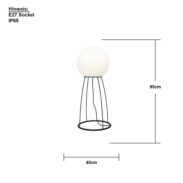 Zeichnung einer Stehleuchte mit E27 Fassung und Schutzart IP65, Höhe 95 cm, Durchmesser 40 cm