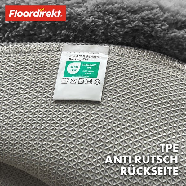Floor direkt Logo, Etikett mit OEKO-TEX Siegel, Standard 100 Siegel und Pflegehinweisen, sowie TPE Antirutsch Rückseite