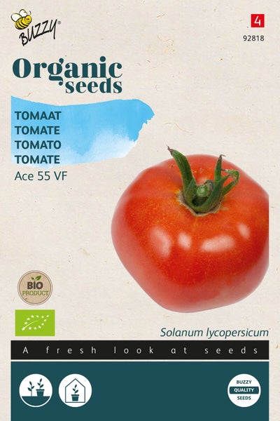 Buzzy Logo. Verpackung mit Bio-Tomatensamen der Sorte Ace 55 VF