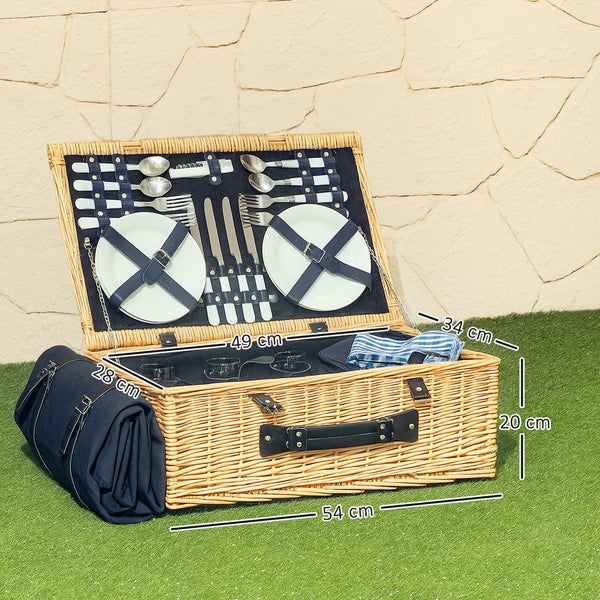 Outsunny Picknickkorb aus Weidenholz Picknickkoffer für 4 Personen mit Isoliert Kühlfach Picknickdecke Besteck Set, Picknick Set Komplettset für Camping Strand Weihnachten Naturholz
