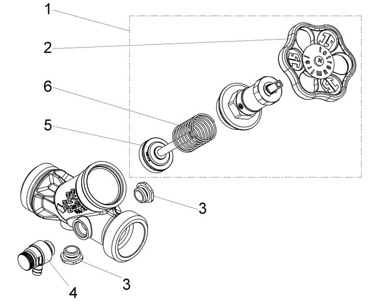 Explosionszeichnung einer Ventilarmatur mit nummerierten Einzelteilen wie Handrad, Ventilgehäuse, Feder und Dichtungen.