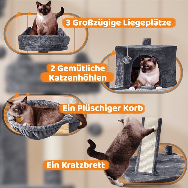 Katzenkratzbaum mit drei Liegeplätzen, zwei Katzenhöhlen, einem Korb und einem Kratzbrett