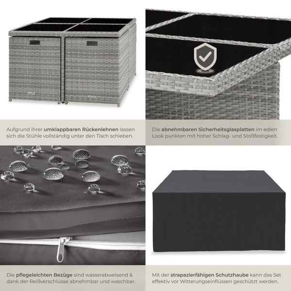 Rattan Sitzgruppe tectake Manhattan 2 Bezugssets, zusammenschiebbar, inklusive Schutzhülle mit Aluminiumgestell hellgrau