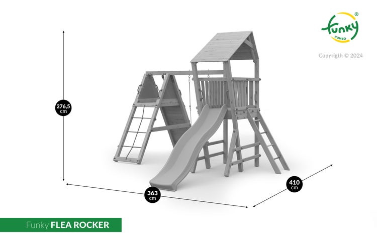 Funky Combo Spielturm FLEA ROCKER aus Holz mit Rutsche und Leiter. Maße: Höhe 276,5 Zentimeter, Länge 363 Zentimeter, Breite 410 Zentimeter.