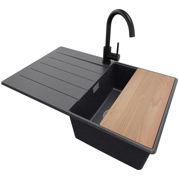 PRIMAGRAN Granitspüle Anthrazit 78x50cm, Spülbecken 1 Becken + Küchenarmatur 32x20cm + Ablauf-Set + Schneidebrett, Küchenspüle ab 45er Unterschrank - Kopenhagen
