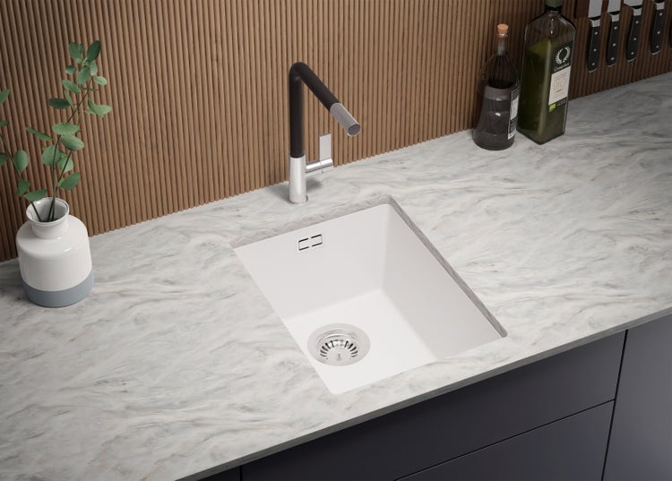 PRIMAGRAN Unterbauspüle Granit Weiß 36x47cm, Spülbecken 1 Becken + Ablauf-Set, Granitspüle ab 40er Unterschrank - London