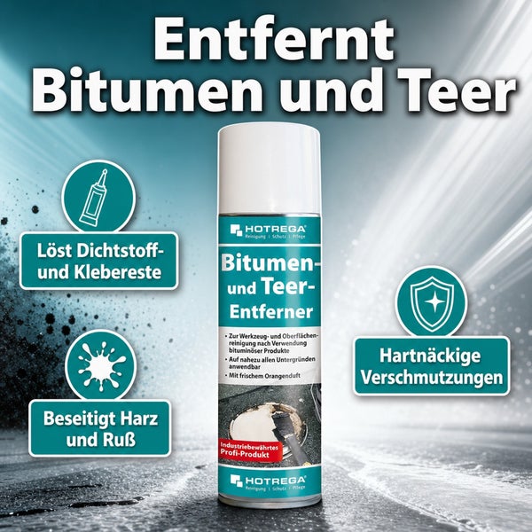 Hotrega Bitumen und Teer Entferner Spray zur Reinigung von Werkzeugen und Oberflächen von Bitumen, Teer, Kleberesten und Harz.