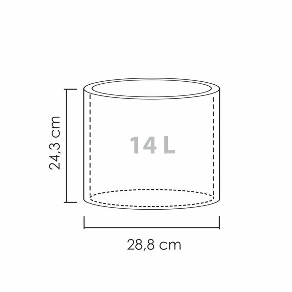 Skizze eines zylindrischen Pflanzgefäßes mit einem Volumen von 14 Litern, einer Höhe von 24,3 Zentimetern und einem Durchmesser von 28,8 Zentimetern.
