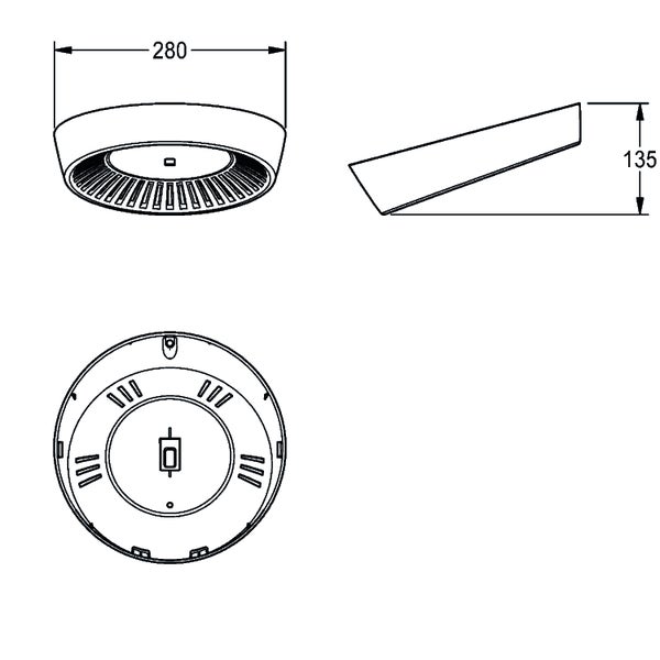 Technische Zeichnung einer runden Leuchte mit einem Durchmesser von 280 Millimetern und einer Höhe von 135 Millimetern.