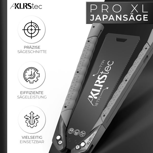 KLRStec PRO XL Japansäge – Beidseitig gezahntes Sägeblatt [240mm] aus Karbonstahl – Klappbare Zugsäge mit rutschfestem TPU-Griff – Präzises Arbeiten auf Zug für Holz & Kunststoff