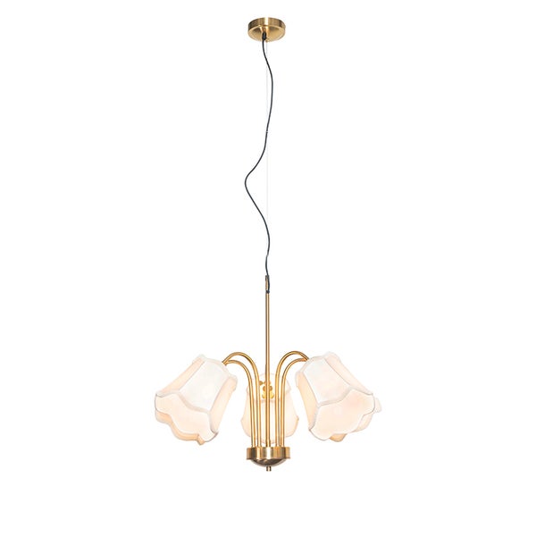 Dreiflammige Pendelleuchte mit Stoffschirmen und messingfarbenem Metallgestell.