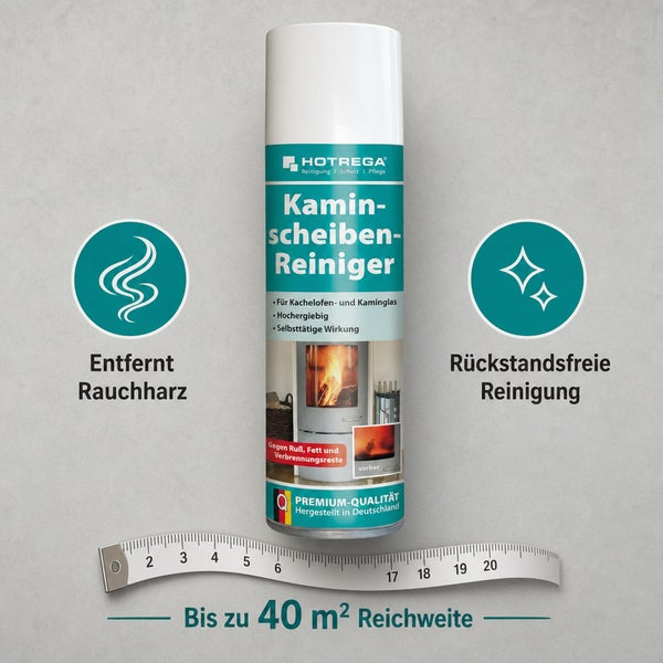 Hotrega Kaminscheibenreiniger Spraydose für Kamin- und Kachelofenglas zur Entfernung von Ruß und Harz mit einer Reichweite von bis zu 40 Quadratmeter.
