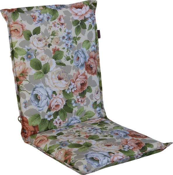 Gartenstuhlauflage für Hochlehner mit floralem Muster aus Rosen und Blättern.