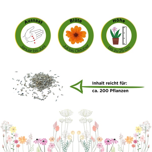Aussaat Januar bis Juni, Blüte Juli bis Oktober, Höhe bis 25 Zentimeter, Inhalt für circa 200 Pflanzen.