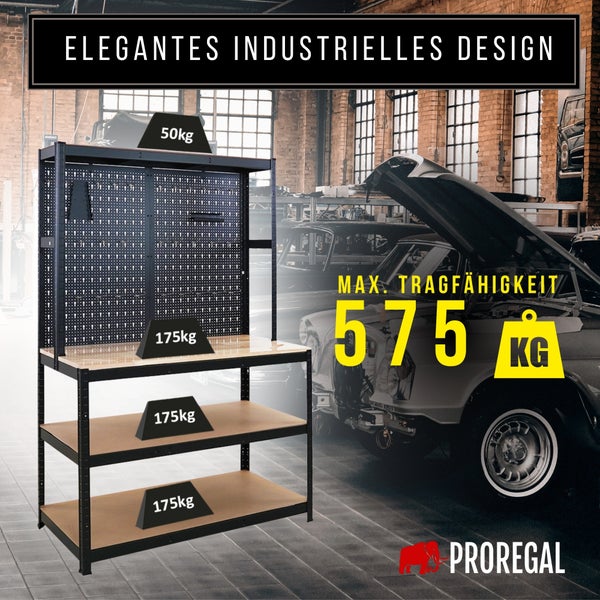 Werkbank mit Lochwand und Holzplatte in industriellem Design, maximale Tragfähigkeit von 575 Kilogramm. ProRegal Logo.