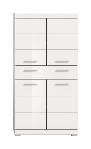 Weißer Hochglanzschrank mit vier Türen und zwei Schubladen, silberfarbene horizontale Griffe.