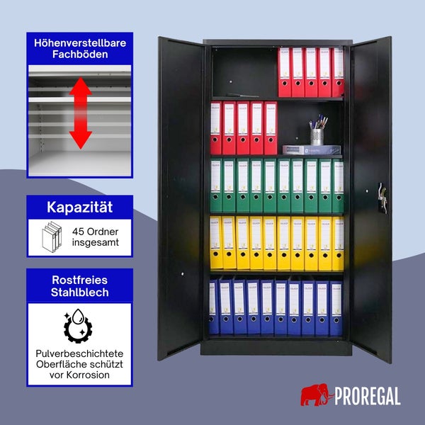 Schwarzer Metall-Aktenschrank mit 45 Ordnern, höhenverstellbaren Böden und korrosionsbeständiger Pulverbeschichtung. PROREGAL Logo.