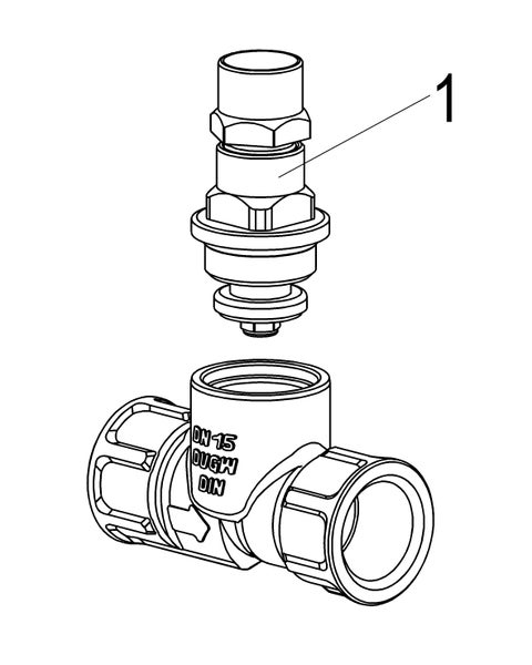 Technische Zeichnung eines Ventil-Oberteils Nennweite 15 mit Gehäuse, zertifiziert nach deutschen Standards.