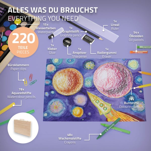 ECD Germany 220-Teiliges Malset mit Holzkoffer, Malkoffer, XXL Malkasten, Kunst- und Zeichenset, Acrylfarben Buntstifte Farbstifte Wachsmalstifte Aquarell & Zubehör, Zeichnen Künstler Set Kunstbedarf