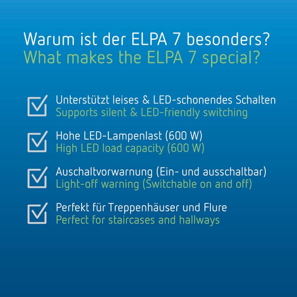 Theben 0070002 ELPA 7 - Treppenlicht-Zeitschalter elektronisch, TLZ, Ausschaltvorwarnung, automatische 3- oder 4-Leitererkennung, 600 W LED