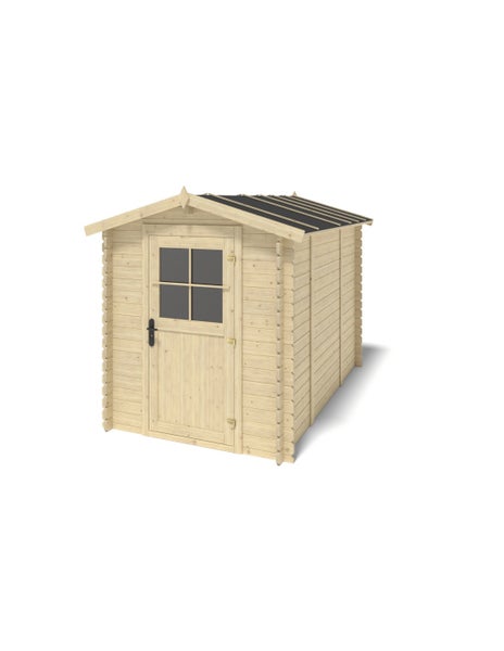 Gartenhaus aus Holz mit Satteldach und einer Einzeltür mit Fensterausschnitt, Blockbohlenbauweise.