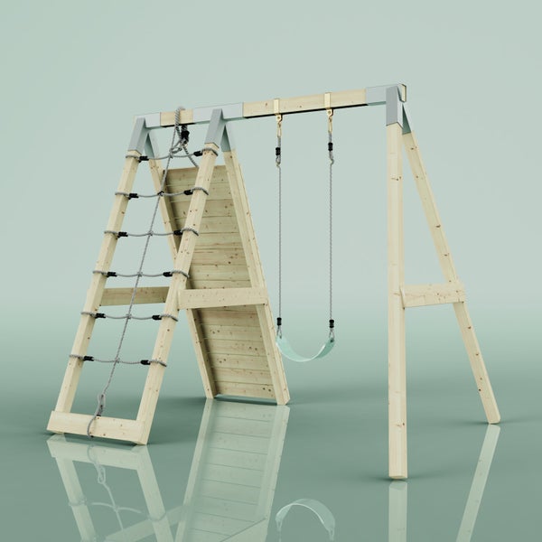 Klettergerüst aus Holz mit Schaukel, Kletternetz und Kletterwand.