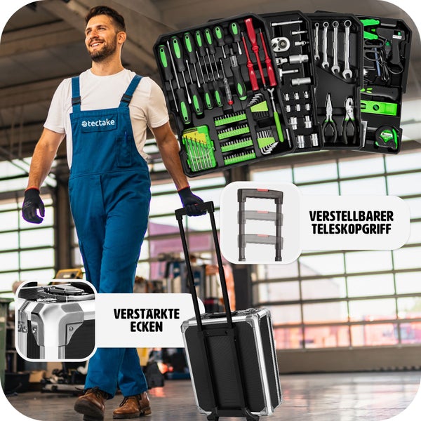 Werkzeugkoffer-Trolley mit verstellbarem Teleskopgriff und verstärkten Ecken, gefüllt mit Werkzeugen